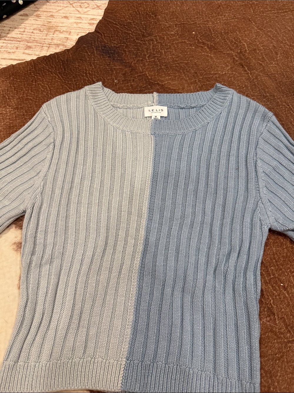 Le Lis Two-Tone Light Blue Ribbed Crewneck Sweater